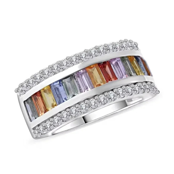 Multi Sapphire and White Zircon Ring in Platinum Over Sterling Silver 3.15 ctw - Picture 1 of 6